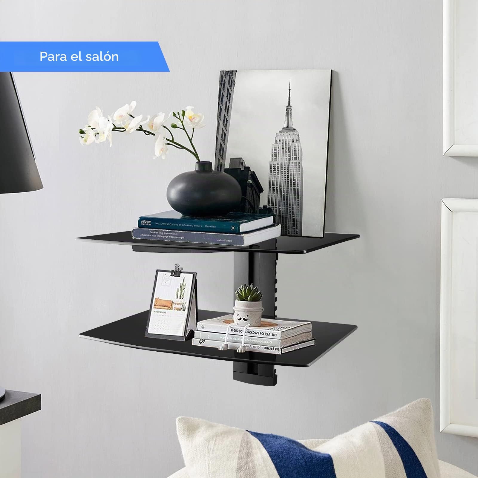 Estante flotante para DVD, soporte de pared de cristal para reproductor de DVD, PS4, cajas de cables, consolas de juegos, Sky Box y TV, soporte de pared negro plano, estante de AV