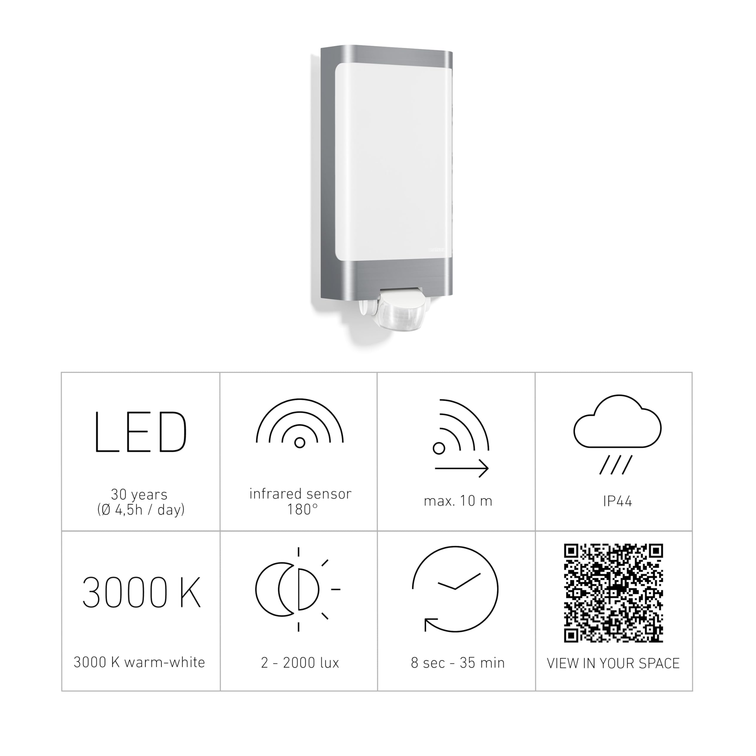 Steinel LED Außenleuchte L 240 S Edelstahl, 9.3 W LED Wandlampe, warm-weiß, 180° Bewegungsmelder, 10 m Reichweite, 8.1 x 16.5 x 30.5 cm