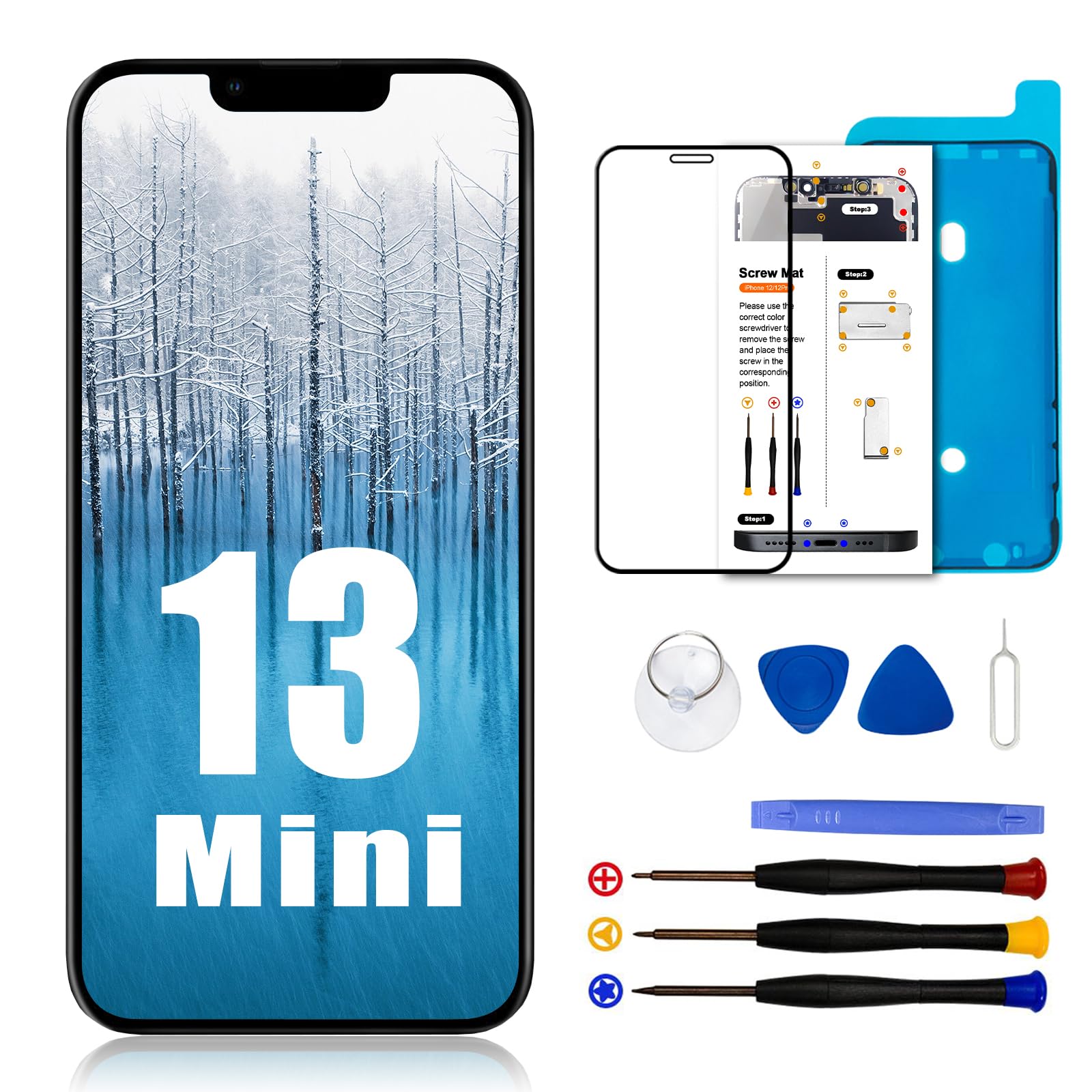 Dinow Display per iPhone 13 Mini LCD Sostituzione Schermo 5.4" LCD di Ricambio Schermo per iPhone 13 Mini(2A2628, A2481, A2626, A2629, A2630, Touch Screen per iPhone 13 Mini con Kit di Riparazione