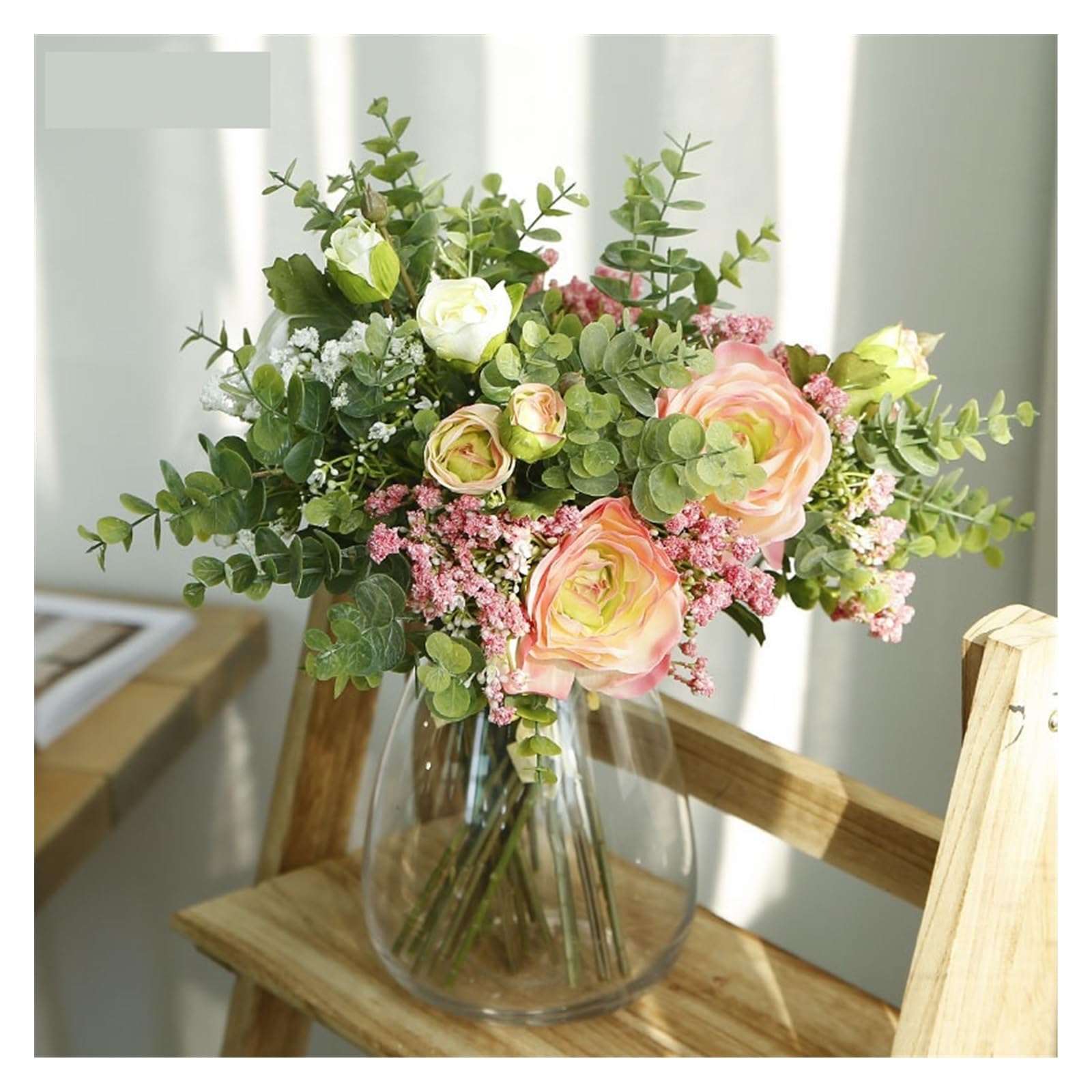 Fiori Artificiali Bouquet da Sposa Damigelle d'Onore in Rayon con Volant Rose Foglie di eucalipto Bouquet di alito Decorazione della casa Artificiale Falso(Pink)