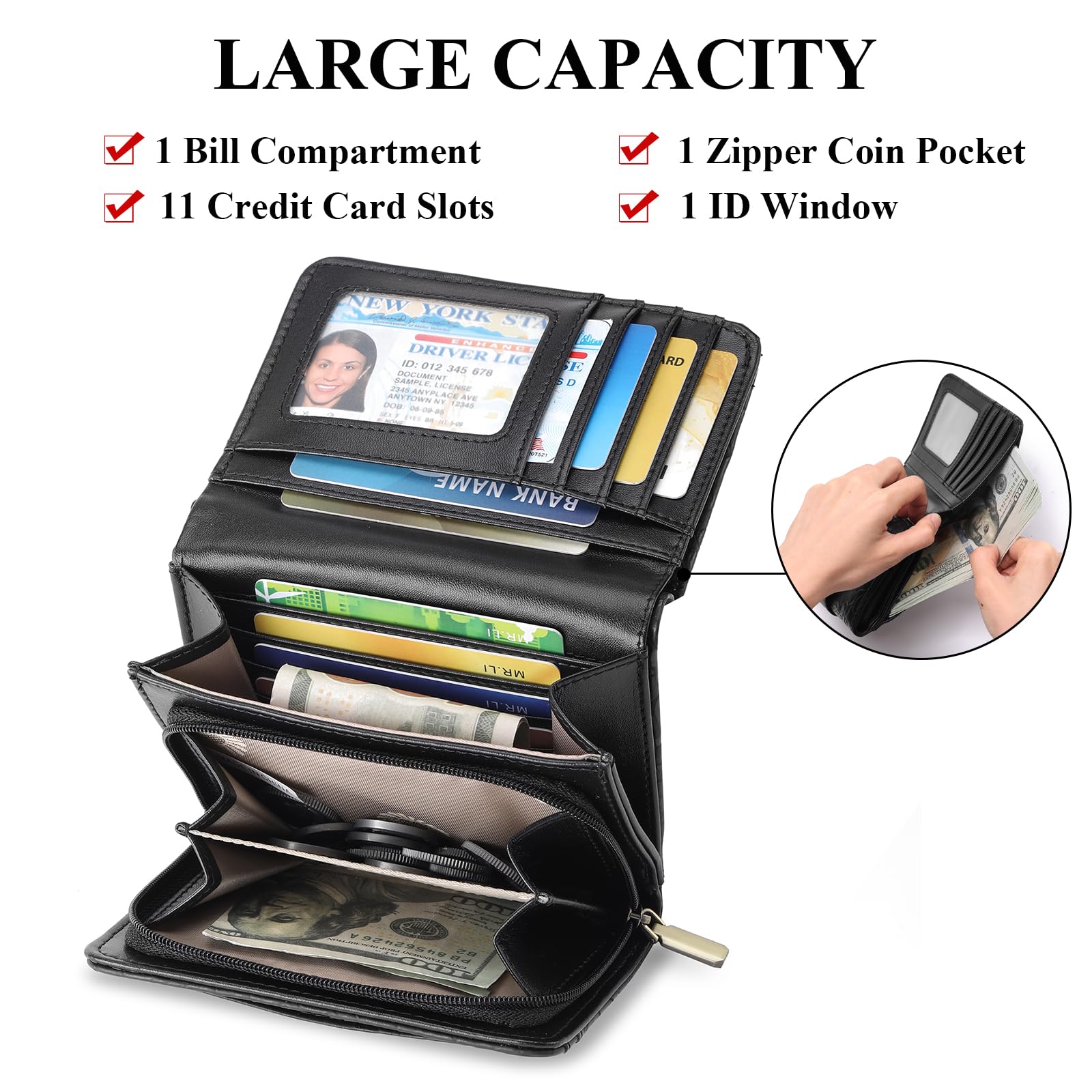 SENDEFN Portefeuille Femme Porte Monnaie Femmes avec Blocage RFID Portefeuille Moyen avec 16 Emplacements Porte Feuilles pour Femme Cuir avec Fermeture éclair Poche à Monnaie