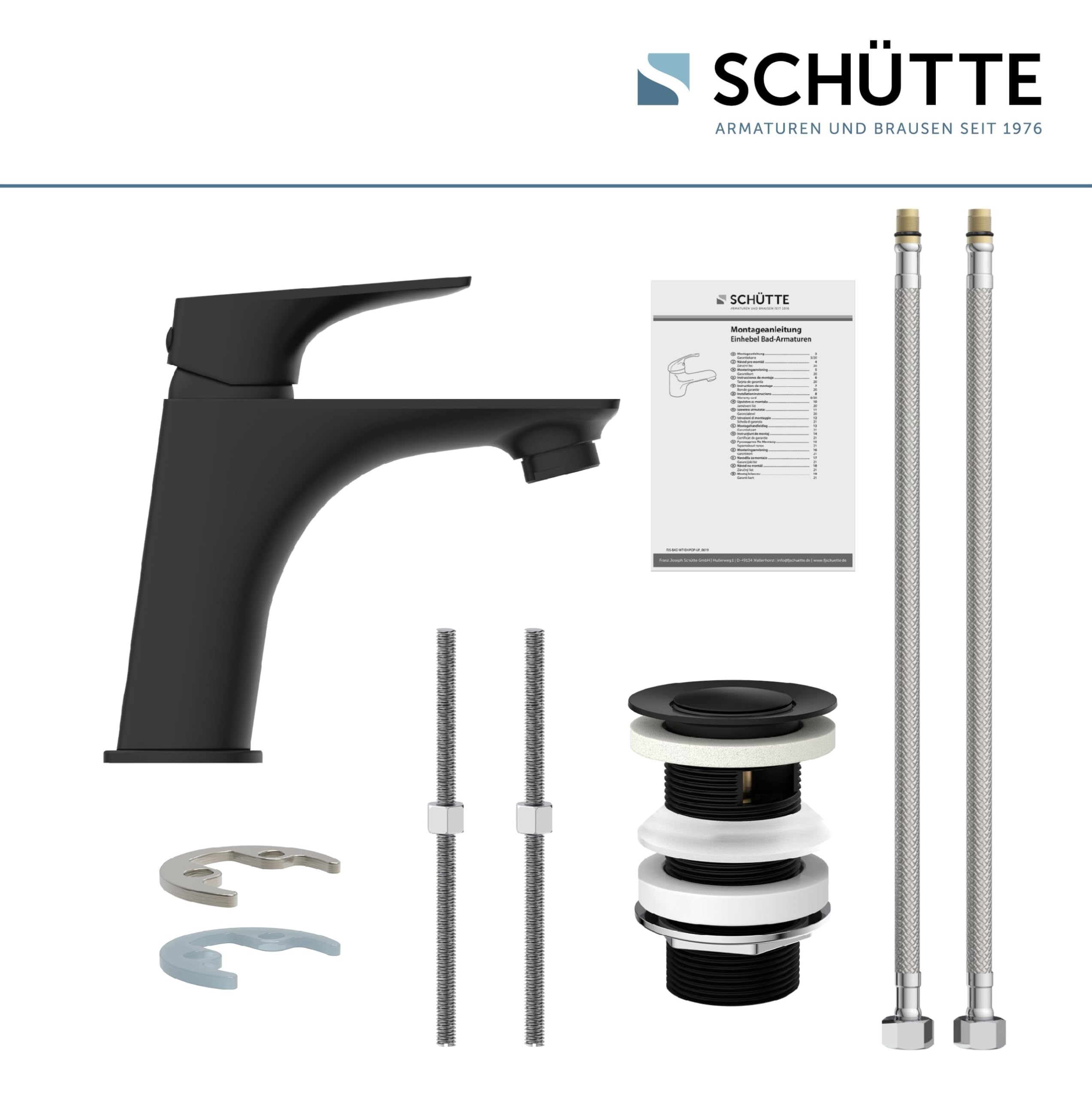SCHÜTTE BOSTON 33216 Grifo de baño negro mate, grifo de lavabo, grifo mezclador de lavabo, negro, moderno mezclador monomando con desagüe, grifo de lavabo para tu baño