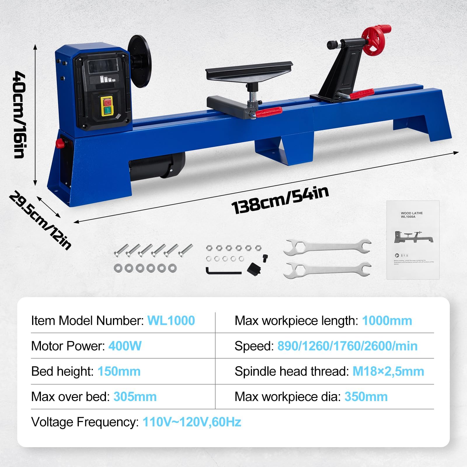 Tornio per legno da banco da 14" x 40", motore 400W, tornio per legno a 4 velocità
