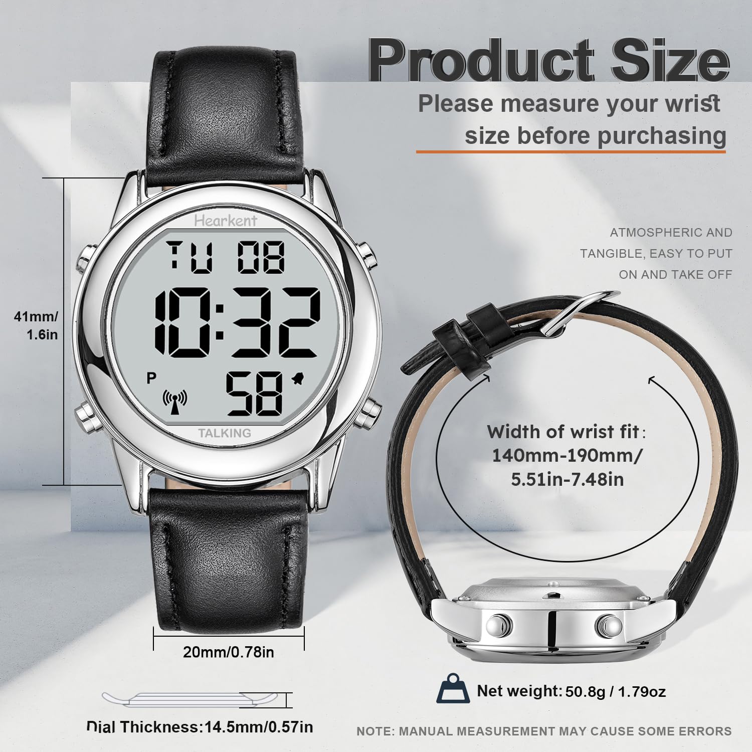 Hearkent Atomic Digital Talking Watch for Anziani Riceve segnali statunitensi Correzione automatica di ora e data Grandi numeri Facile da vedere Forte e chiaro Maschio Inglese Parlare, nero