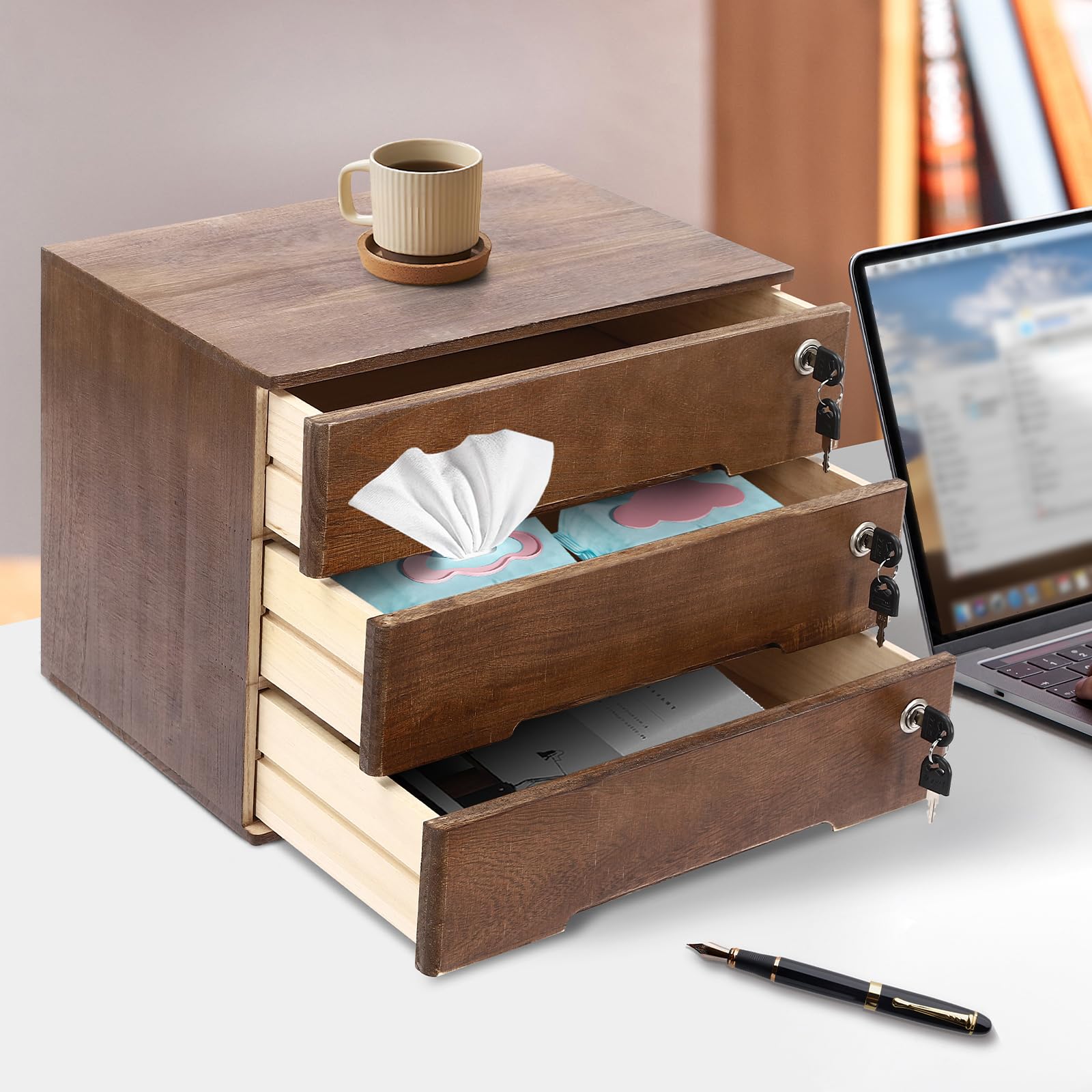 YUYFCC Rustic Wood Desktop Storage Box with Lockable Drawers 3 Tier Vintage Wooden File Organizer Desktop Compact Paper Storage Organizer Cabinet for Home Office, Walnut Color