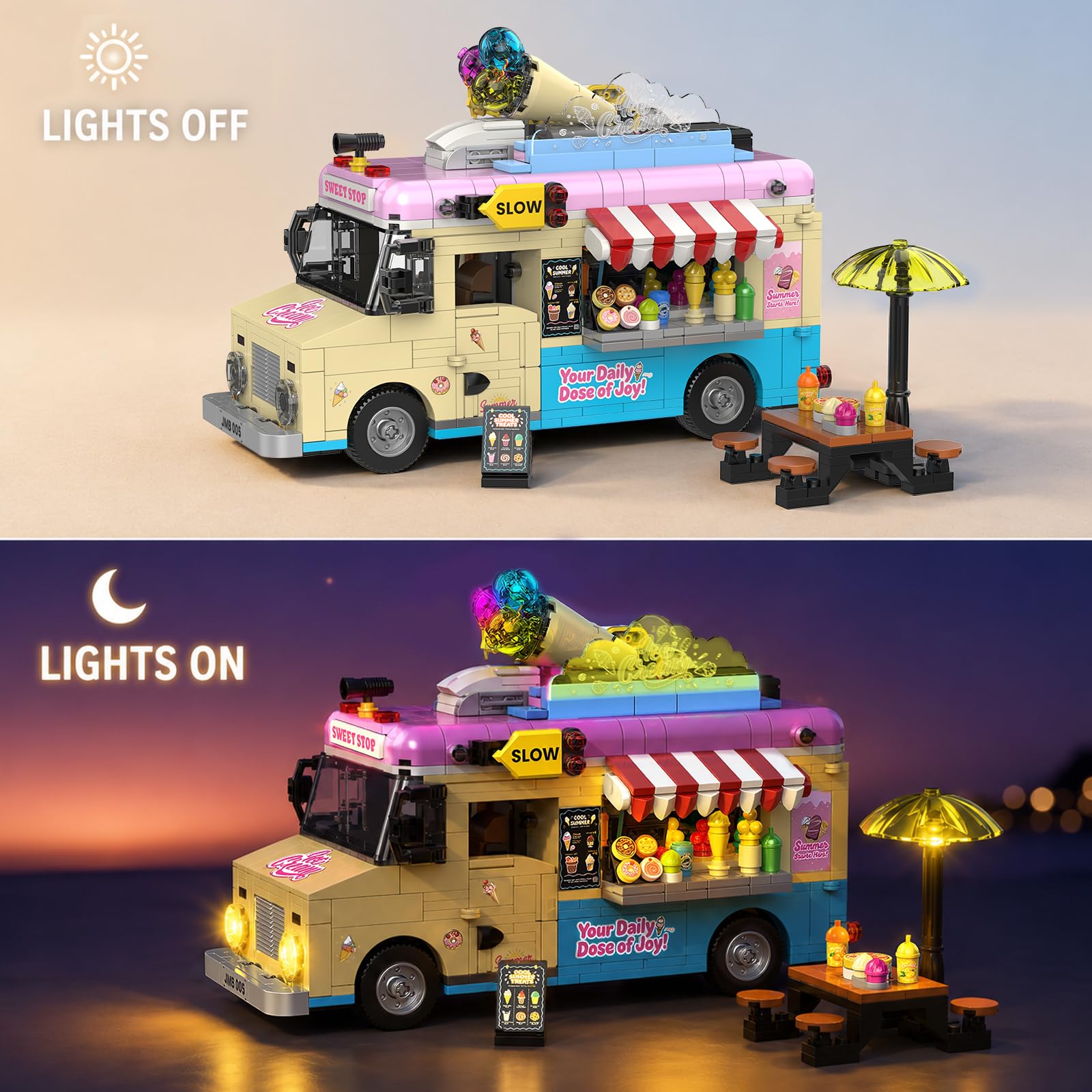 JMBricklayer City Eiswagen Klemmbausteine mit Licht, Truck Fahrzeug Bauset Modellauto mit 3 Mini-Figuren, Rollenspiel Essen Imbisswagen Sammel Spielzeug Geschenk für Mädchen Erwachsene ab 14 Jahren