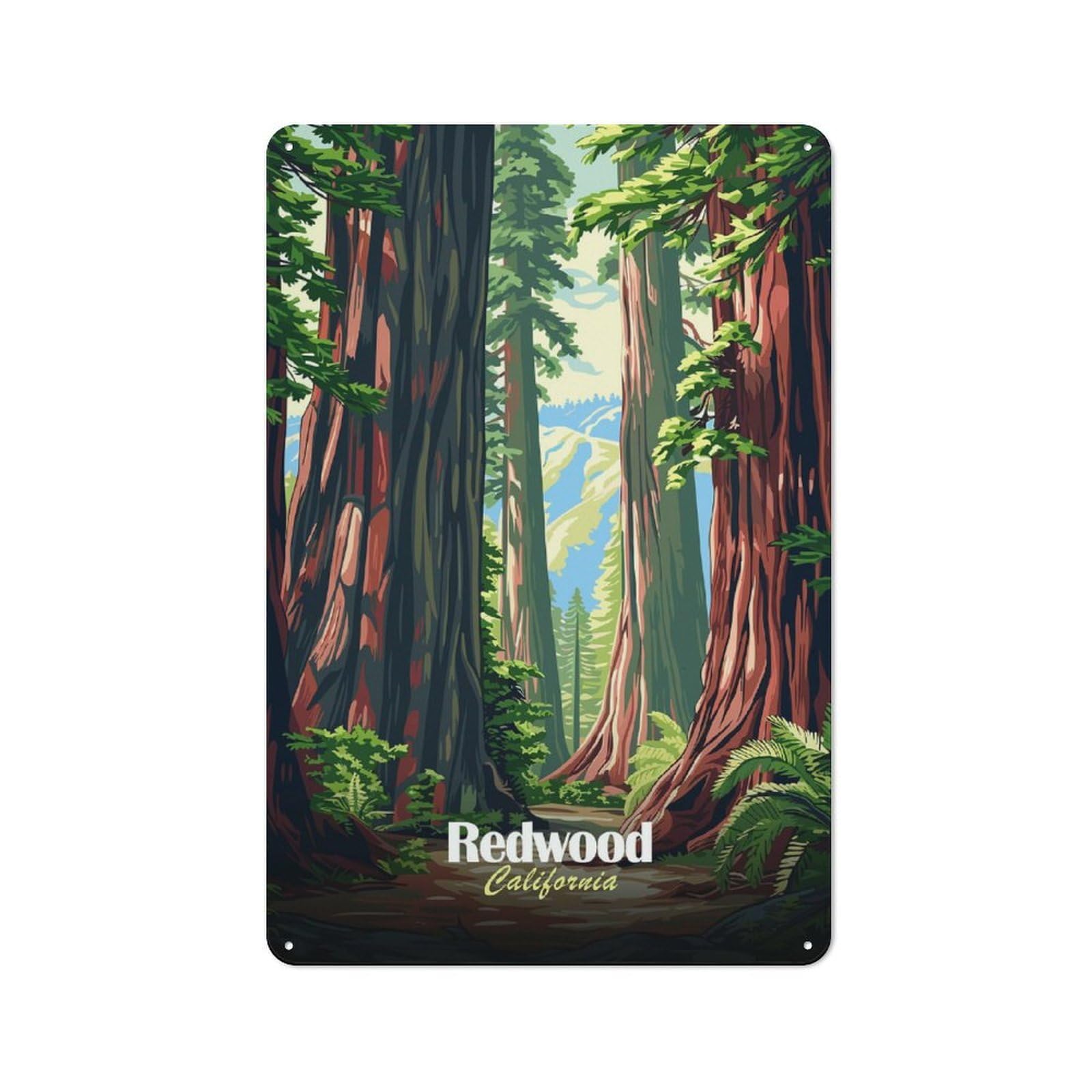 Junmoney Style-6 For Hobby Room Or Studio, Redwood Forest California Illustration Retro Tin Sign 30X20cm, Gift For Creative Interior Collectors During The Christmas Season