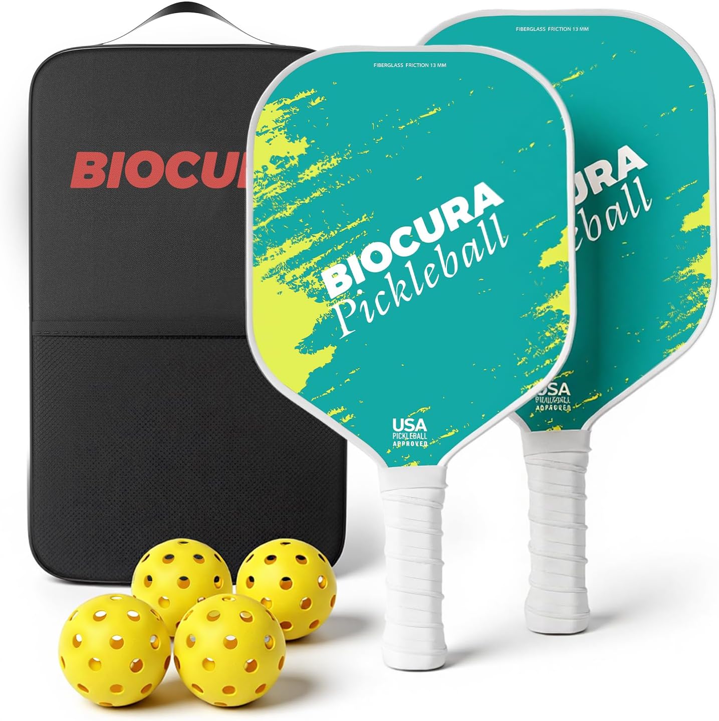 Pickleball Paddles Set of 2 – Durable Fiberglass, Lightweight Pickle Ball Rackets 2pack with 4 Outdoor Balls & Carry Bag – Outdoor Game for Women, Men & Beginners