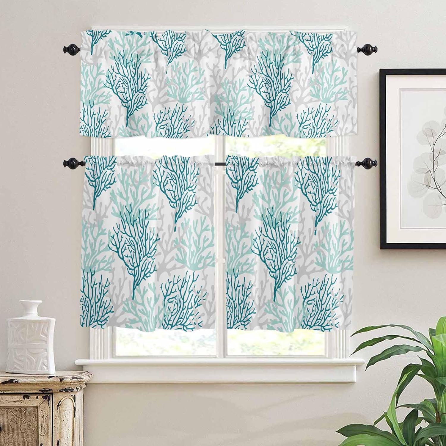 Chef Kitchen Curtains Valance and Tier Set, Gnomes Rod Pocket Tier 36 Inch Length, Black White Buffalo Plaid Small Window Treatment Panel Drape for Sink, (54" x 18"+55" x 36")