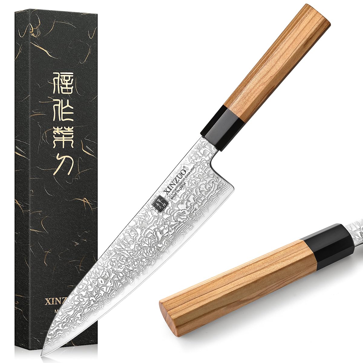 XINZUO 21,5cm Damaststahl Kochmesser, japanischen Stil Chefmesser Profi Küchenmesser, Handgeschmiedet Damastmesser zum Schneiden von Fleisch und Gemüse-Olivenholz und schwarzer Büffelhorngriff