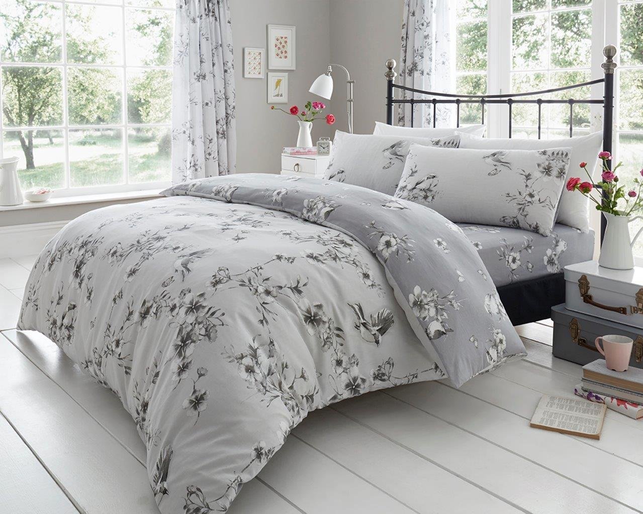 Gc Gaveno Cavailia Grey Birdie Blossom Duvet Cover Sets | Sparrow Kingsize Quilt Bed Cover Set With Matching Pillowcases | Reversible Polycotton Floral Bedding Set |