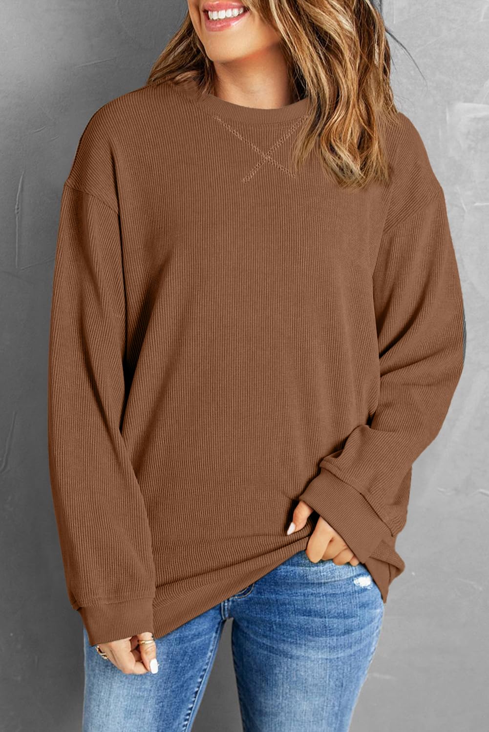 QIXING Damen Sweatshirt Oversize Pullover Rundhals Baumwollpullover Langarm Cordpullover Tops Herbst Mode Outfits 2025(Braun, L)
