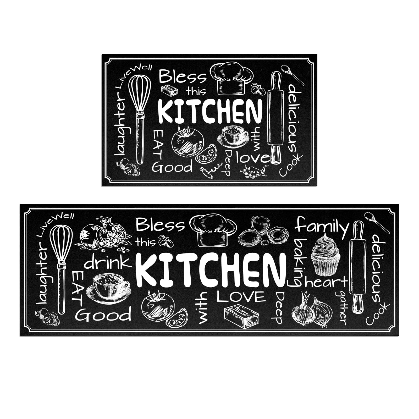 HOLVDENG Kitchen Mat Set of 2 Non Slip Thick Kitchen Rugs and Mats for Floor Comfort Standing Mats for Kitchen, Sink, Black, 17"x47"+17"x28"