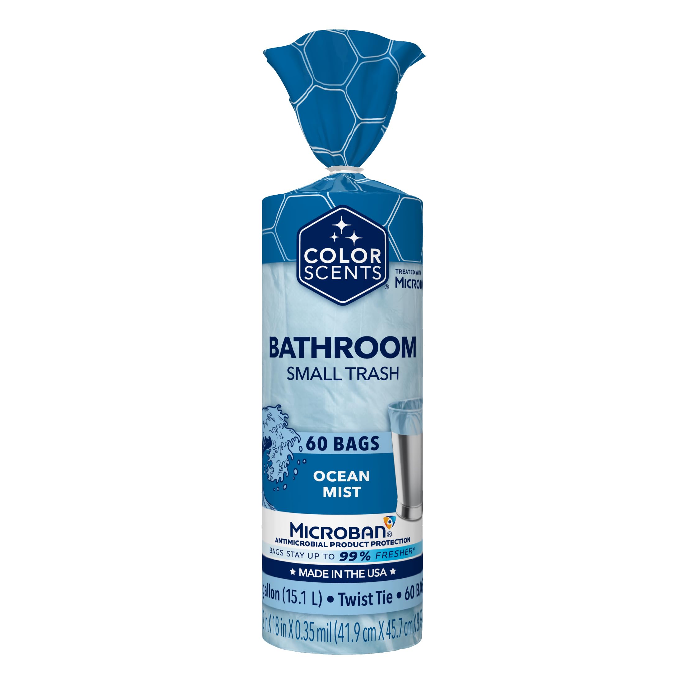 Color Scents Small Trash Bags - 4 Gallon, 80 Bags (1 Pack of 80 Count), Twist Tie - Light Blue Bag in Ocean Mist Scent with Microban