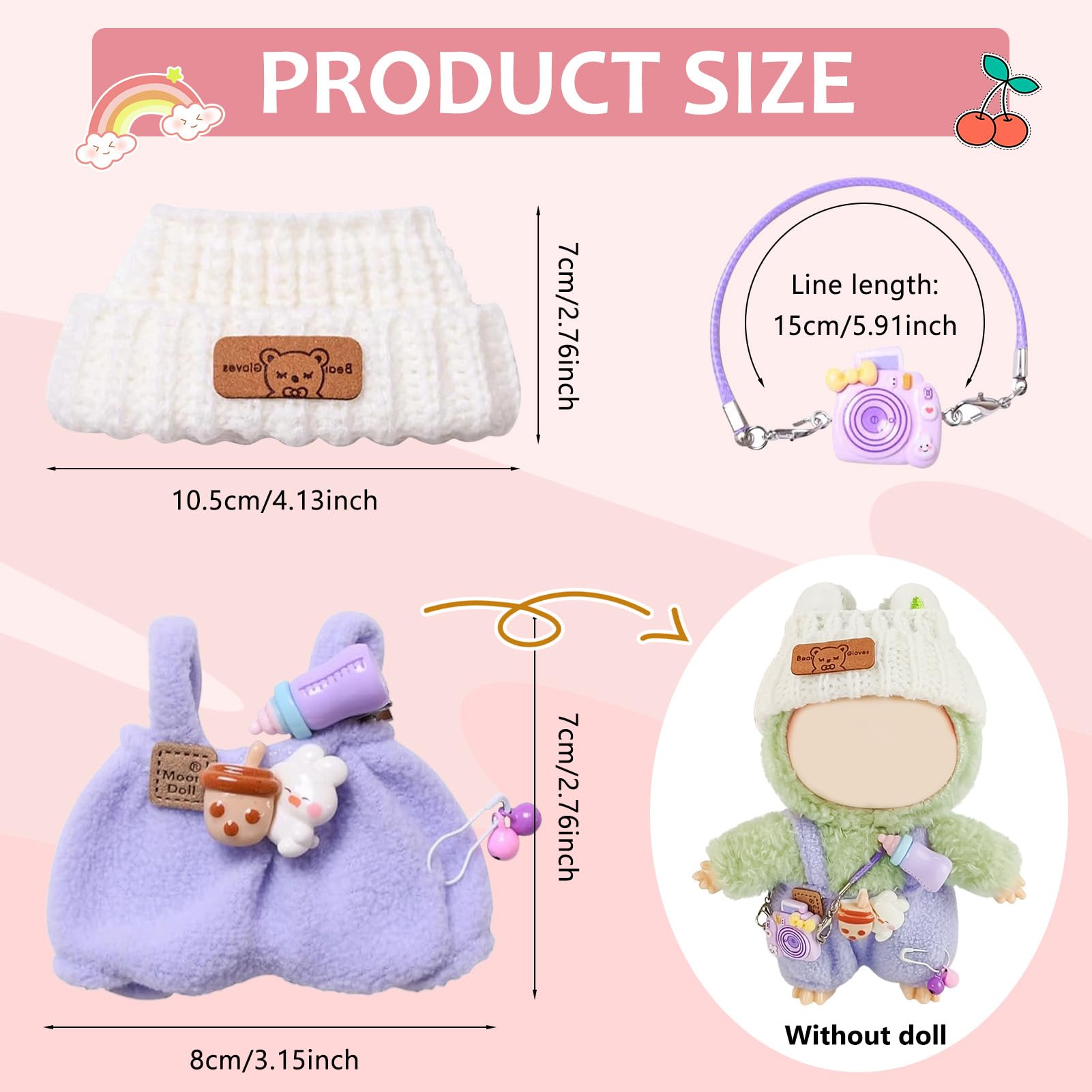 Vestiti per bambola da 15-17 cm, Vestiti per Bambole, Accessori per bambole, Vestiti per Peluche, con 1 cappello, 1 pagliaccetto, 1 zaino per fotocamera (Viola)