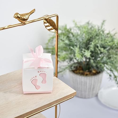 Miniatura 2 de Efavormart - Paquete de 25 cajas de dulces con cintas de huellas de bebé recién nacido de 2.5 x 2.5 pulgadas, cajas de regalo rosas para baby shower