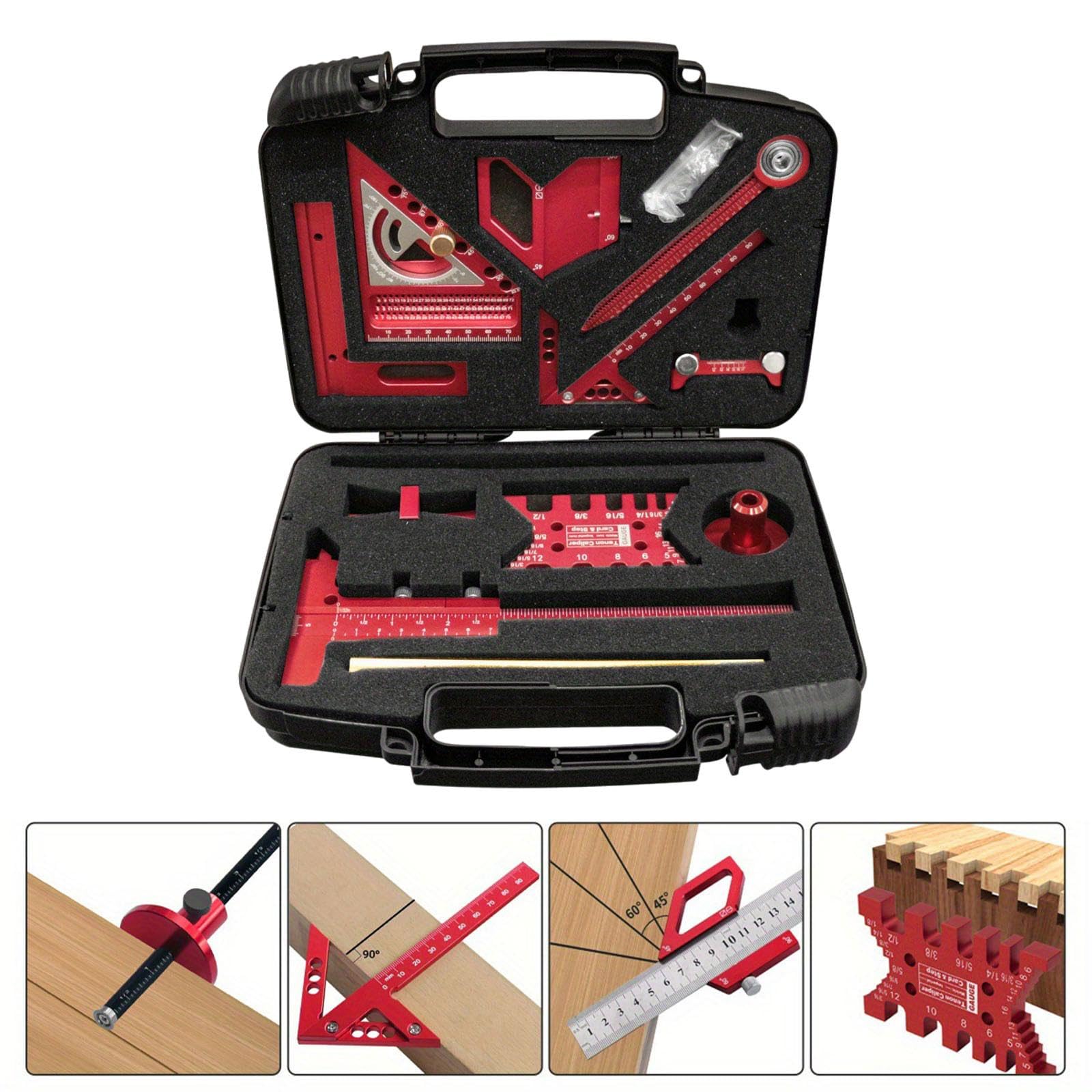 Milageto Set de Règles de Menuiserie Outil de Mesure Jauge de Traçage Équerre Polyvalente Rapporteur D'Angle En Aluminium avec Coffret Portable Approprié pour, 10 pièces