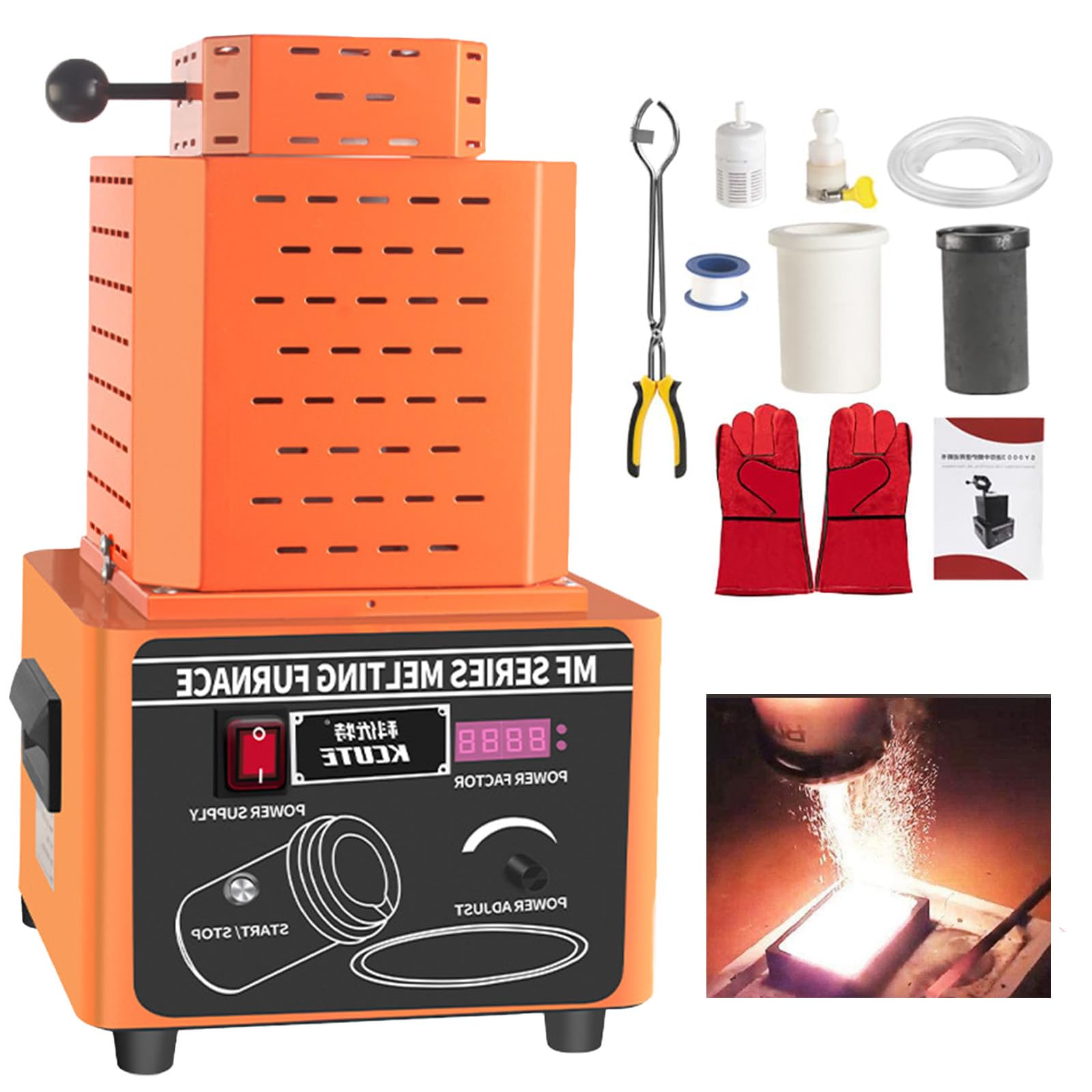 SENJINGHUA 5000W Gold Melting Furnace, Melting Furnace,Upgraded Digital Metal Melting Machine 1600℃/2912℉ with 1/2/3KG Graphite Crucible, Melting for Gold, Silver, Aluminum and Copper Orange-3kg