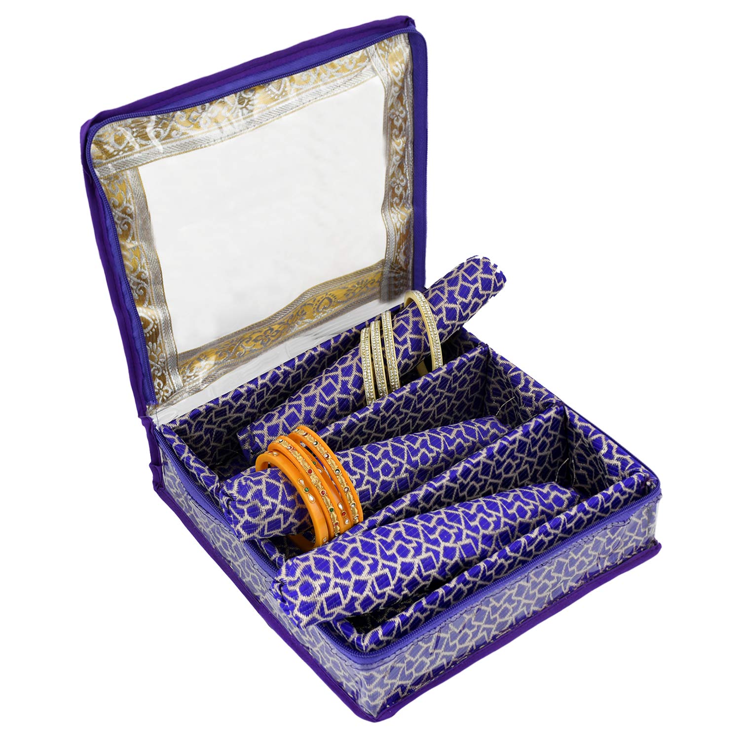 Kuber Industries Exclusive Square Design Brocade Hardboard Three Rod Bangle Box (Purple) -CTLTC38866