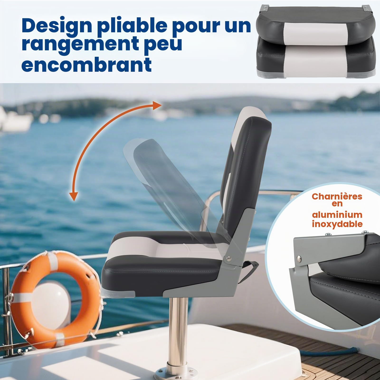 HOMASIS Lot de 2 sièges pliants pour bateaux, chaises rembourrées pour bateaux avec assise épaisse 7 cm, fauteuil de conduite étanche avec dossier, portée de 150 kg, 42 x 49 x 51 cm, gris