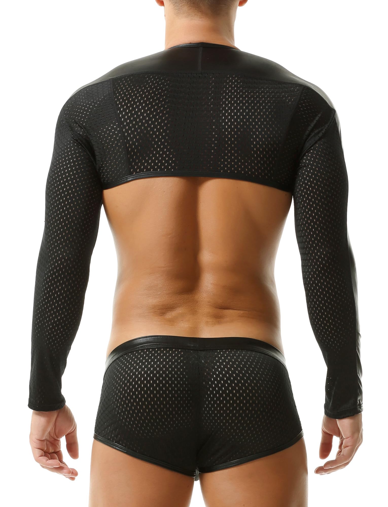 Men's Sheer Mesh Metallic Shrug Long Sleeve Crop Top Hollow Arm Breathable Rave Shirt for Dancing Clubbing Black XL