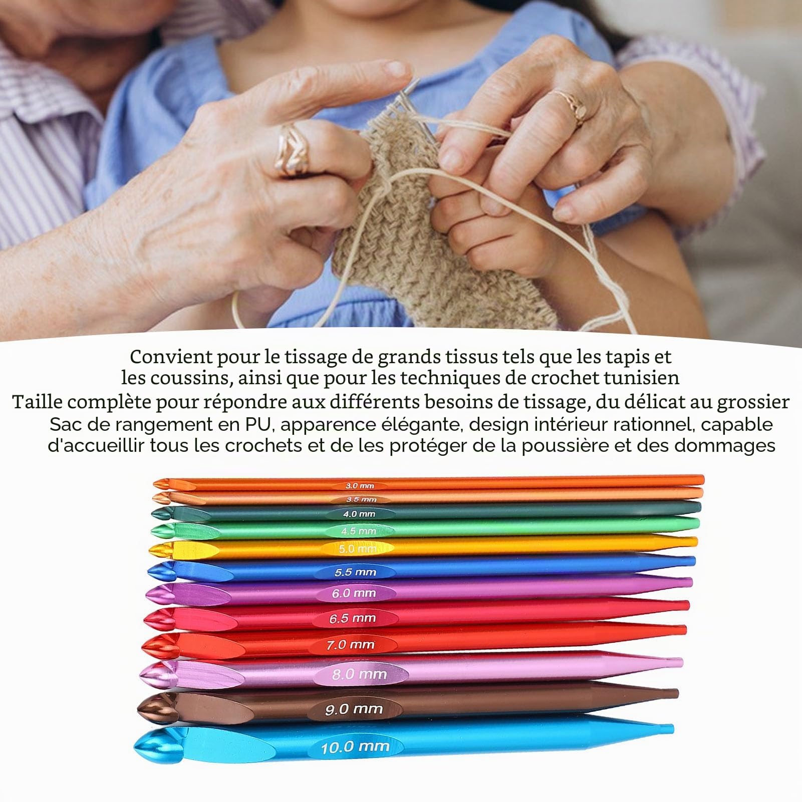 Ensemble de Crochets Tunisiens Interchangeables en Aluminium avec Câble et Sac de Rangement - Aiguilles à Tricoter 3-10mm pour les Amateurs