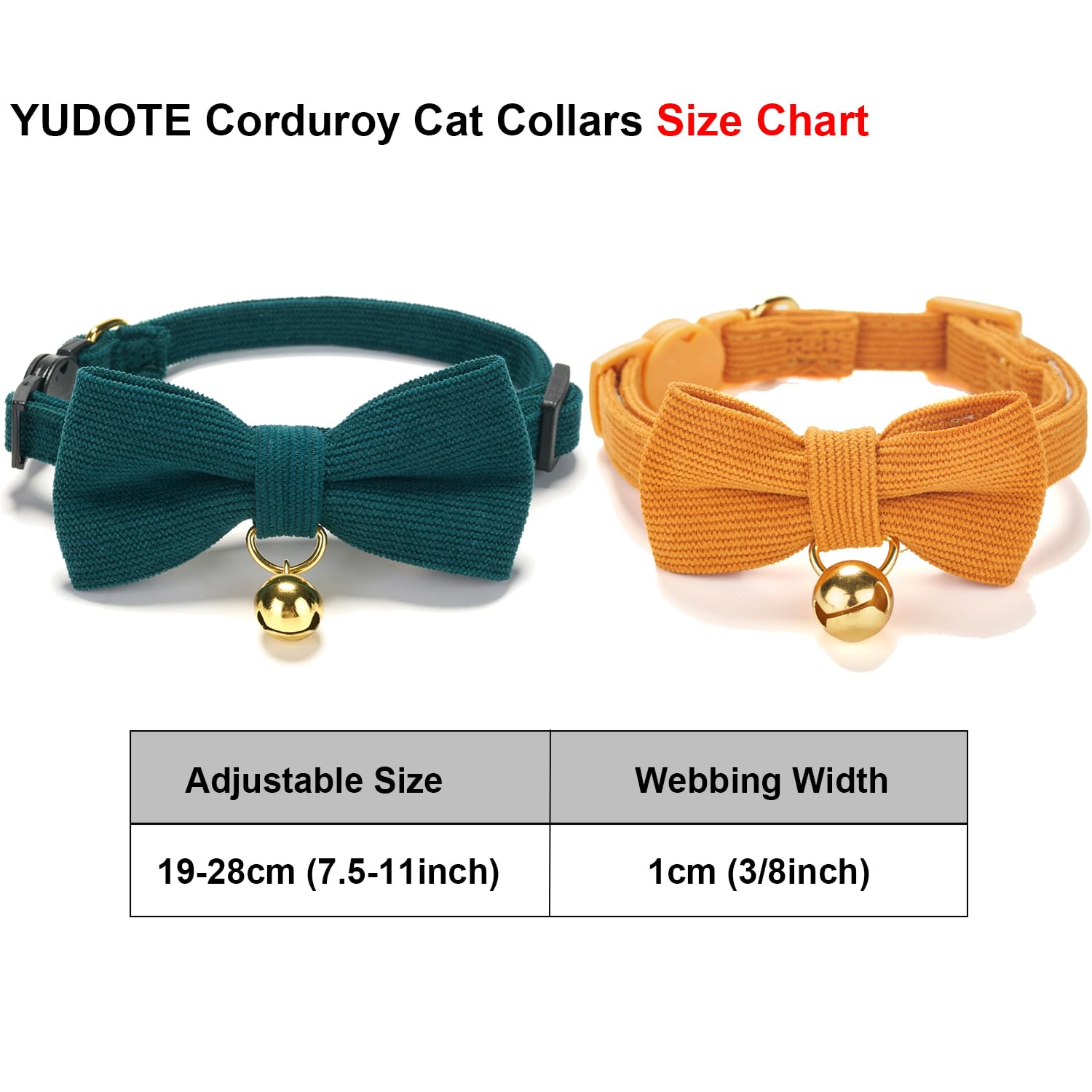 YUDOTE Ultra-soft Collar Natural Cotton Corduroy Made for Cats with Sensitive Skin Safety Feline Collars with Quick-release Buckle and Removeable Bow-tie,Green and Orange Pack of 2 - Image 2