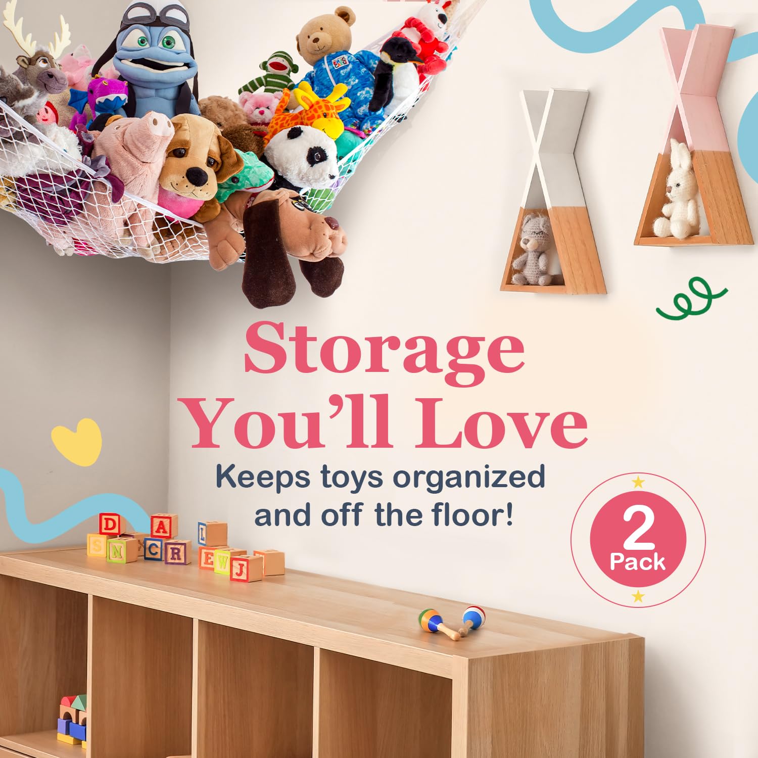 The Lilly's Love Stuffed Animal Hammock neatly organizes plush toys in a bedroom corner.