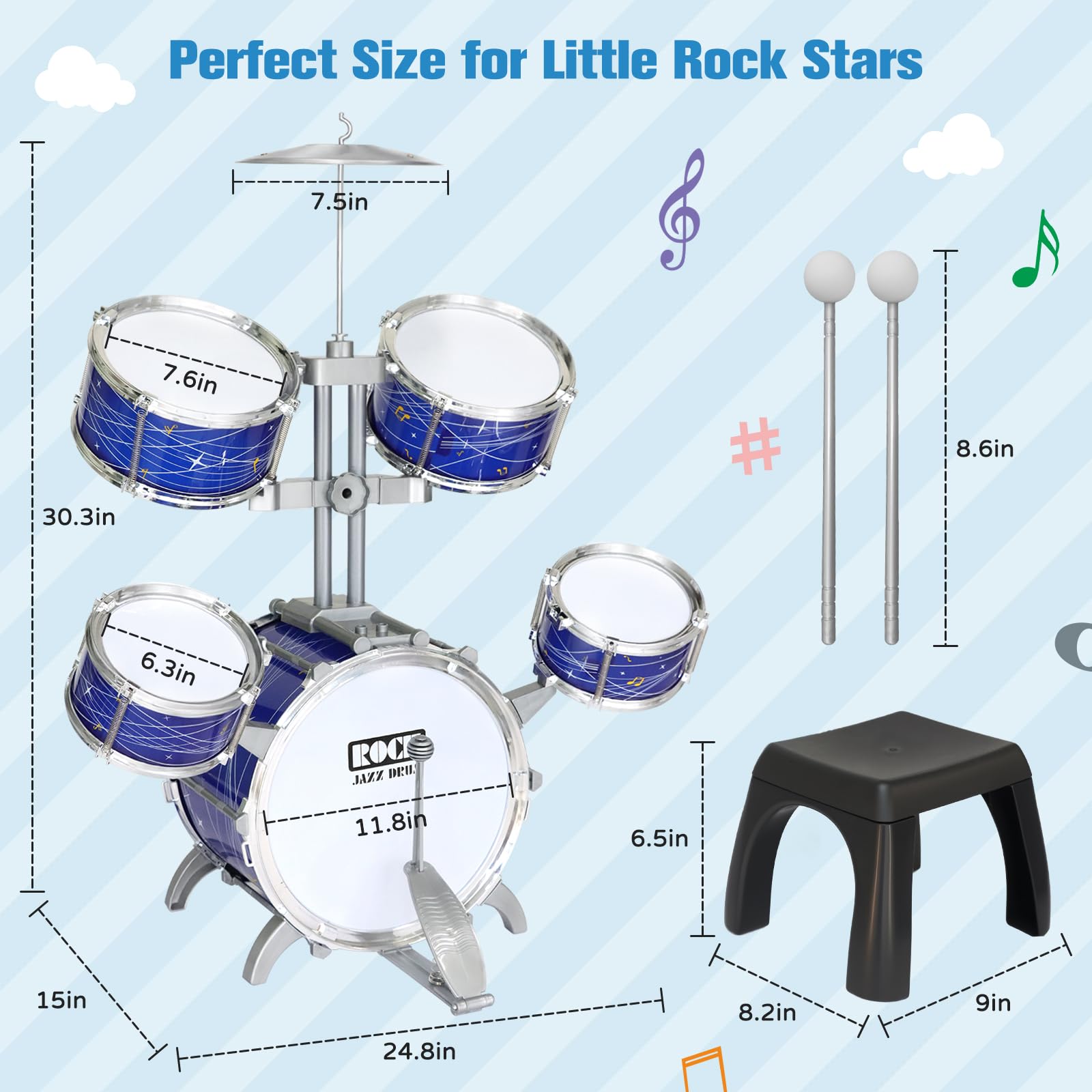 Set di batteria per bambini da 1 a 3 anni, kit di batteria jazz migliorato da 5 pezzi con sgabello, pedale per basso e piatto, strumento musicale a percussione per principianti, giocattolo regalo
