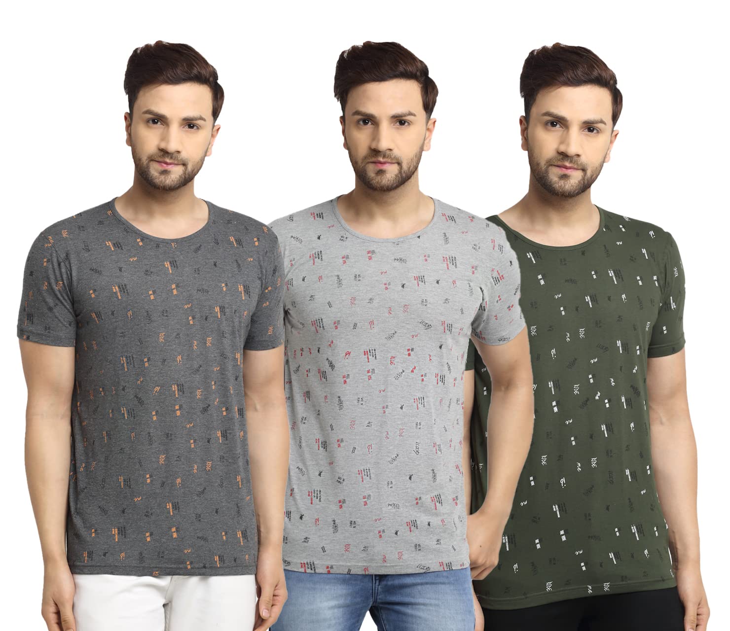 VIMAL JONNEYMen Printed Round Neck Regular Fit T-shirts (Pack Of 3)