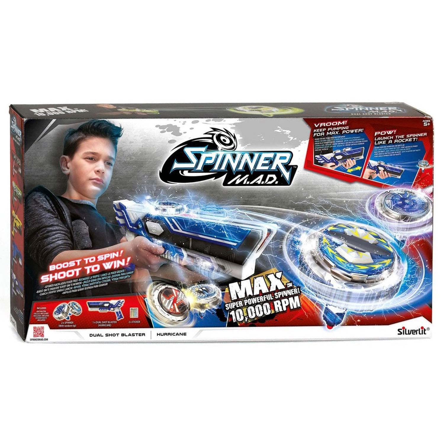 Silverlit - Spinner Mad - Lanciatore Doppio tiro con 2 trottole Incluse - Effetti Luminosi - Giocattolo Compatibile con Tutta la Gamma - dai 5 Anni - 86311