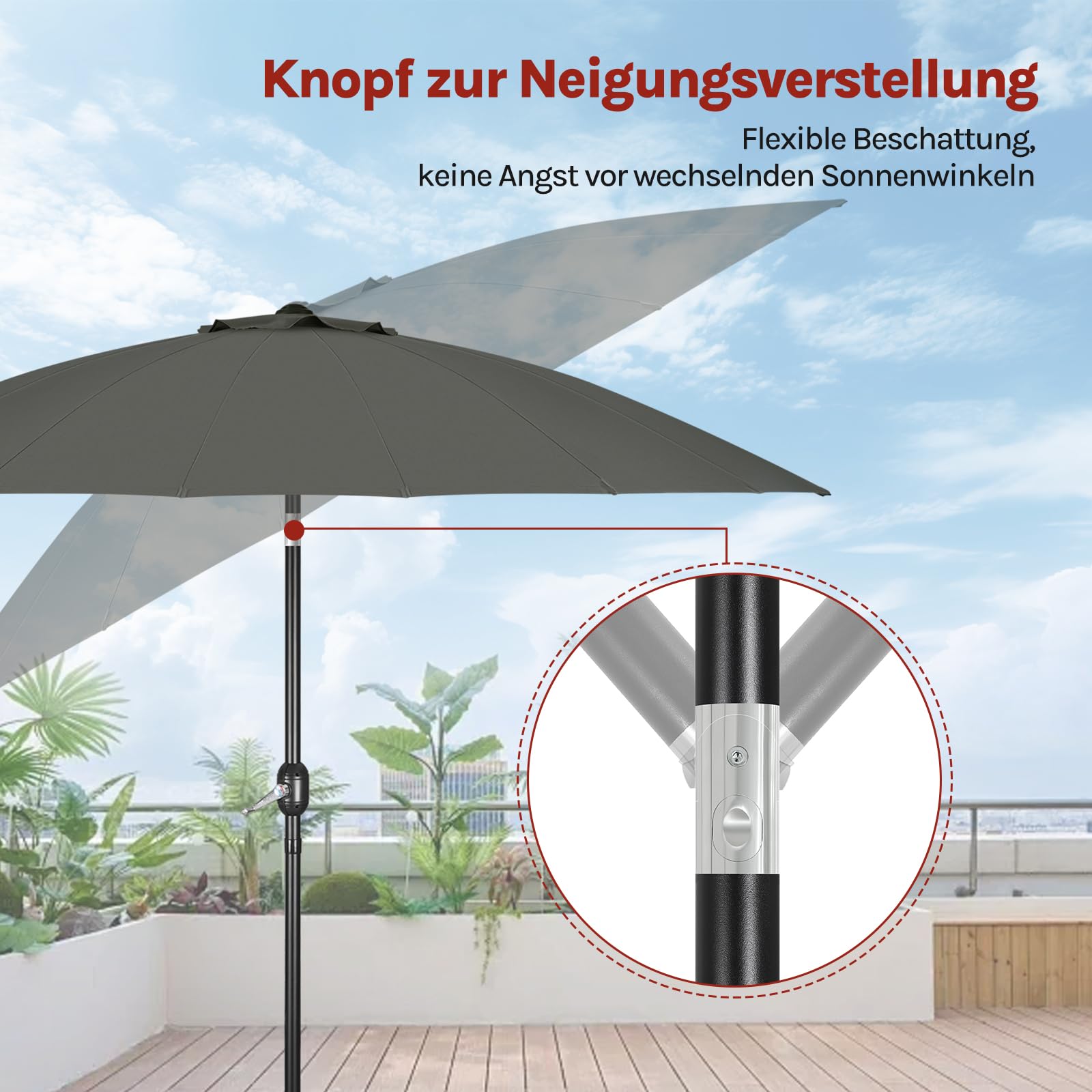 WOLTU Parasol przeciwsłoneczny Ø 257/273 cm, wychylany parasol ogrodowy z korbą, parasol balkonowy z 18 wspornikami z włókna szklanego, na taras, patio, basen, ciemnoszary