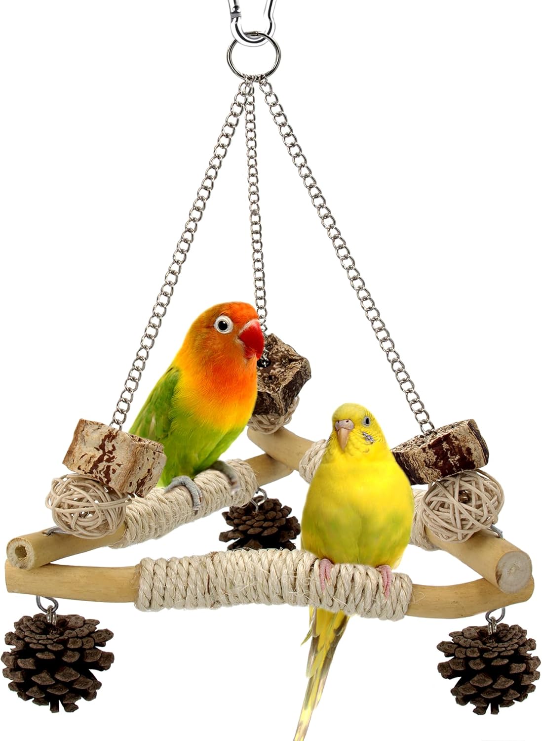 Bird Swing for Cage with Chew Toys, 3 Sisal-Wrapped Parrot Perches &amp; Stable Triangle Design, Wooden Hanging Parakeet Toys Swing for Cockatiel Lovebirds Conures Quaker Balance Training (S)
