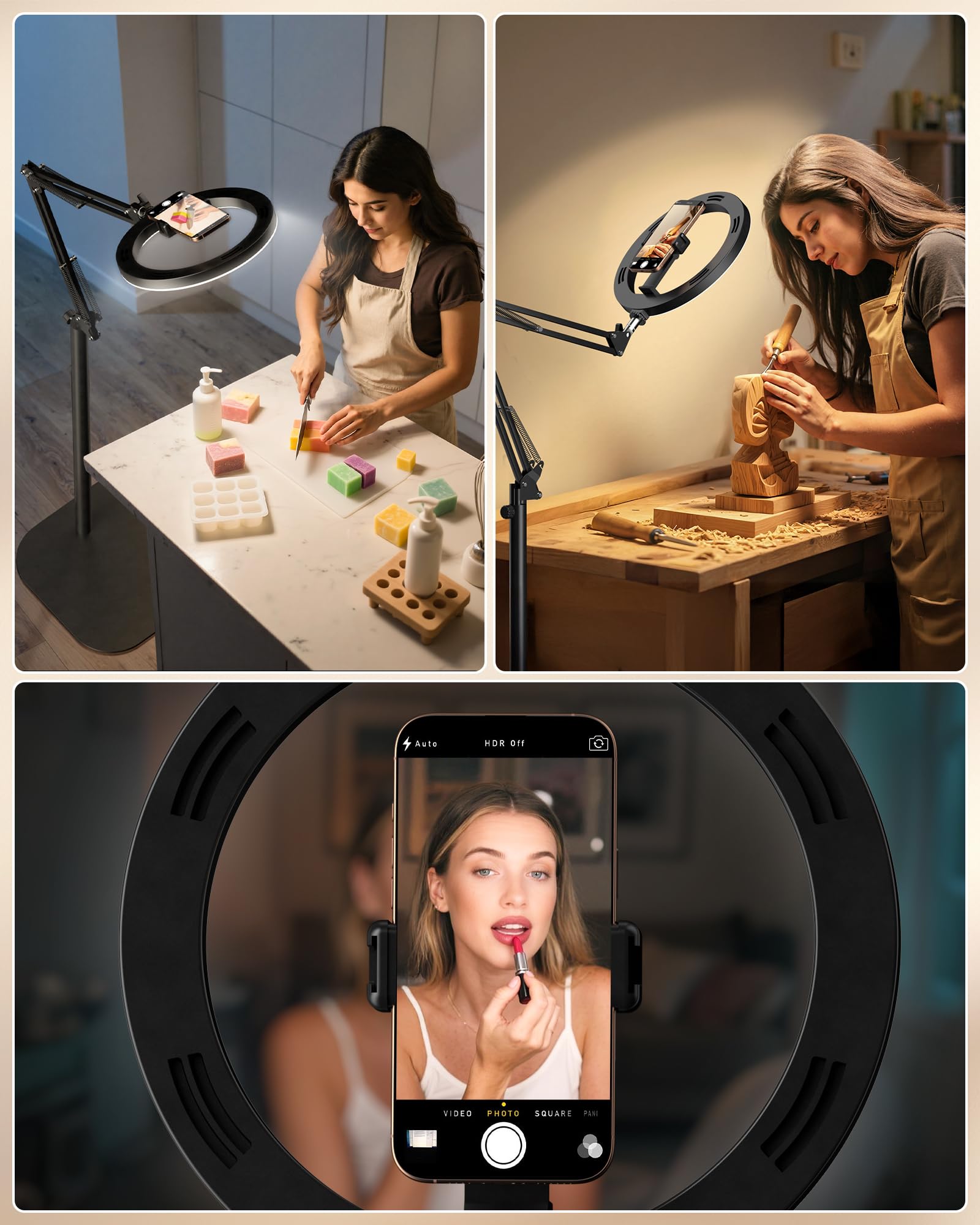 Ring Light for Desk, Overhead Phone Mount with 10" Selfie Light with Stand, Luxsure Phone Tripod with Light for Recording, Streaming, Vlogging, TikTok YouTube Creator Essentials with Bluetooth Control: Standing