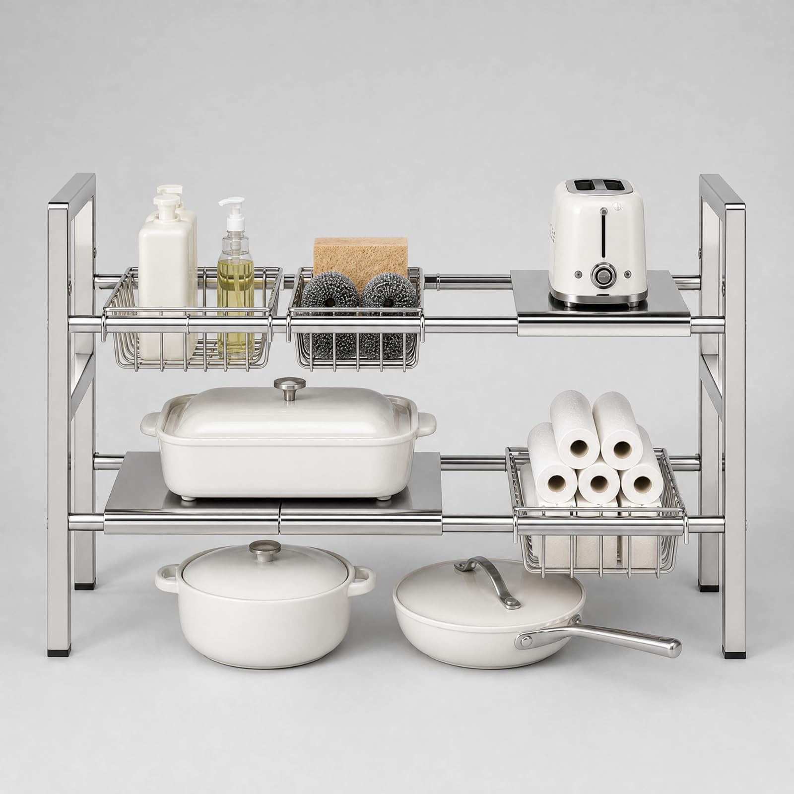 Organizzatore Sottolavello a Due Livelli Telescopico Portaoggetti in Acciaio Inox Rete per Mobile Basso, Stile B