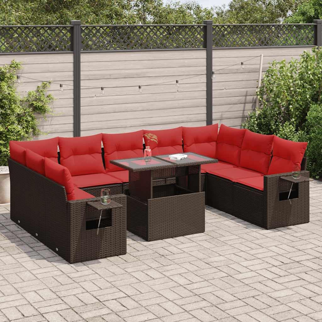 Set Divani Giardino 10 pz con Cuscini Marrone Acacia Rattan Polyrattan Resistente per Terrazza Balcone Patio e Veranda Uso Esterno