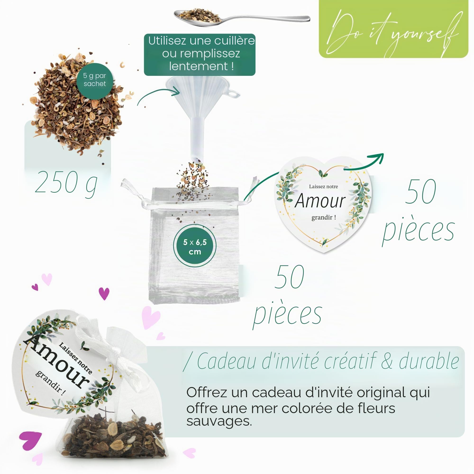 Lot de 50 graines de fleurs de mariage - Cadeau de mariage spécial pour les invités - Lasst unsere Liebe wachsen - Set complet (50)