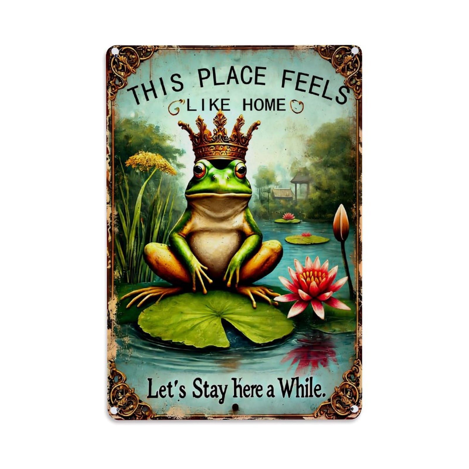 Frog King Lily Pad Pond Garden Retro Metal Tin Sign, Vintage Decor Art Poster for Bar, Home, Man Cave, Kitchen, Laundry Room Gift 8x12Inch
