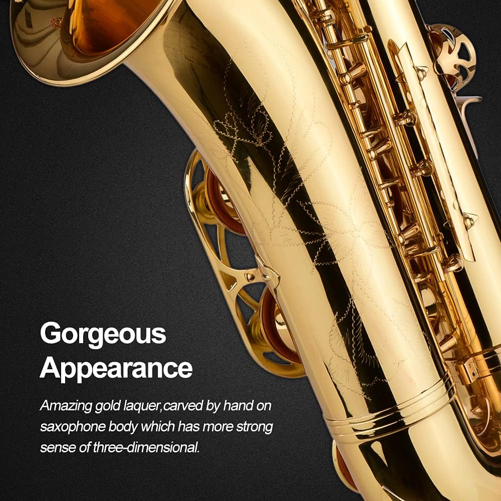 Sassofono tenore in Sib, corpo in ottone, strumento a fiato con finitura laccata oro, include custodia per il trasporto, guanti, panno per la pulizia, spazzola e tracolla