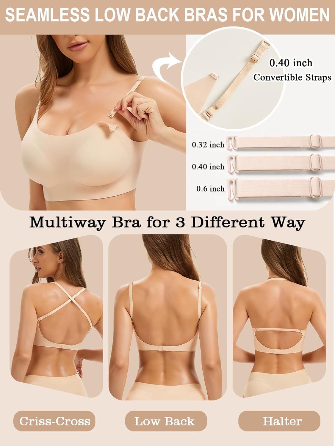 Low Back Bra - Padded Bralette Seamless Bras for Women No Underwire Scoop Neck Convertible Straps Halter Backless Bras - Image 2