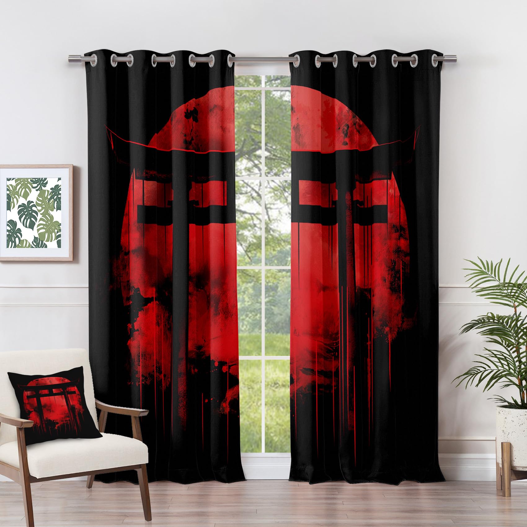 Vorhänge Asiatisch - Japanische Torii Schwarz Rot Fenster Gardinen mit Ösen, Vorhang Blickdicht Verdunklungsvorhänge Thermovorhang für Wohnzimmer Schlafzimmer 2er Set, H 137 x B 117 cm F#-211