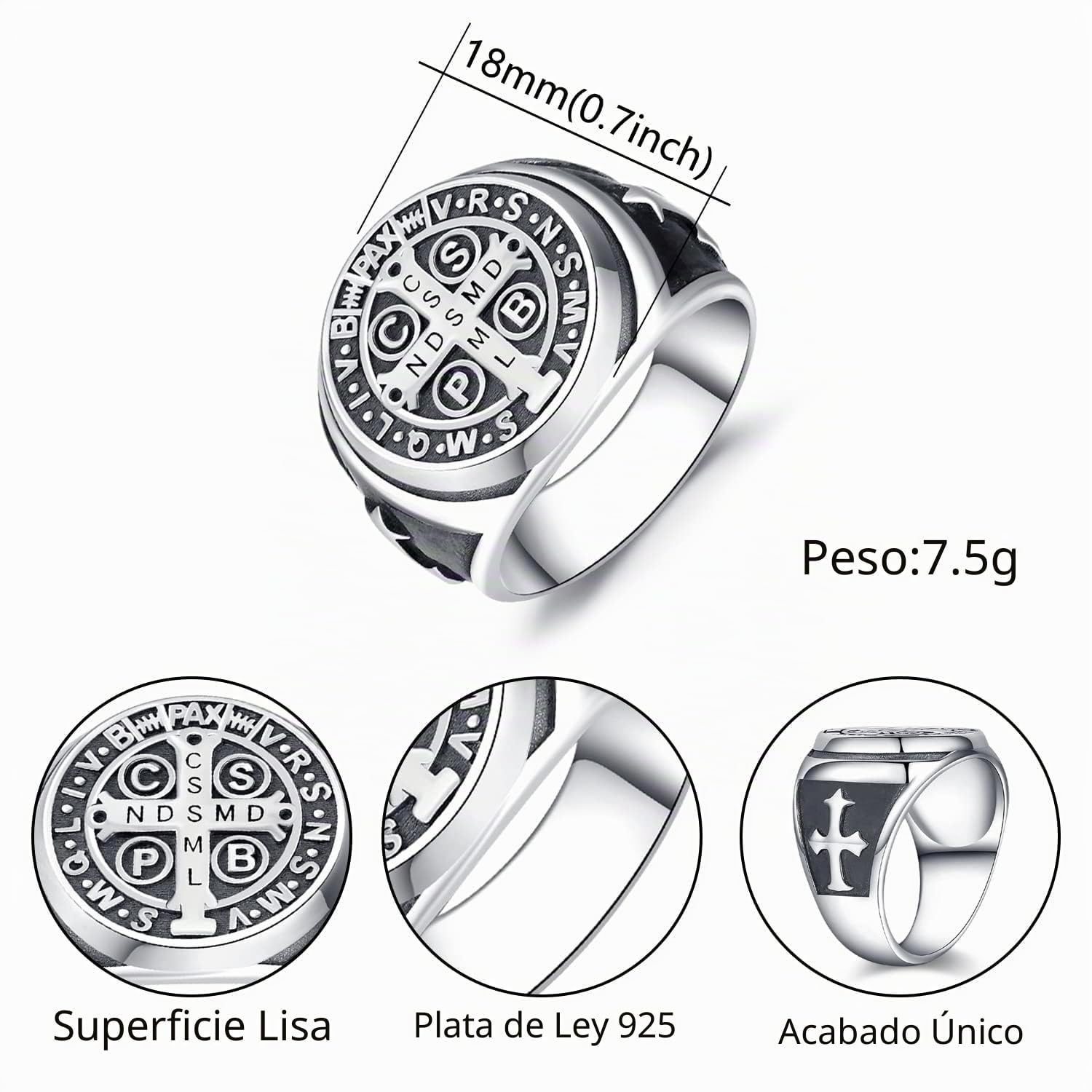 Anillo de Sello para Hombre Plata de Ley 925 Anillo San Benito Cruzado Vintage Religiosa Anillo Punk Hip Hop Joyería para Mujer Hombre