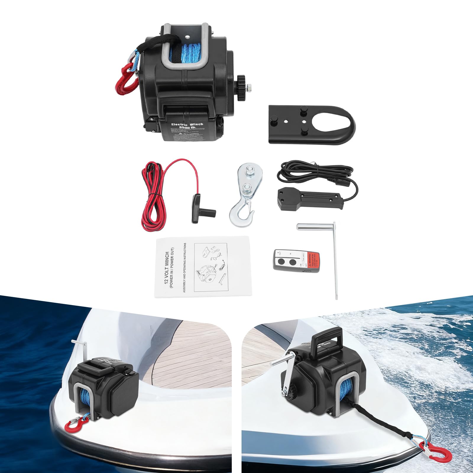 Cabrestante eléctrico de 12 V con 2948 kg (6500 libras) de fuerza de tracción, 400 W, cabrestante con protección contra sobrecarga y mando a distancia por cable, todoterreno, coche y remolque (cable