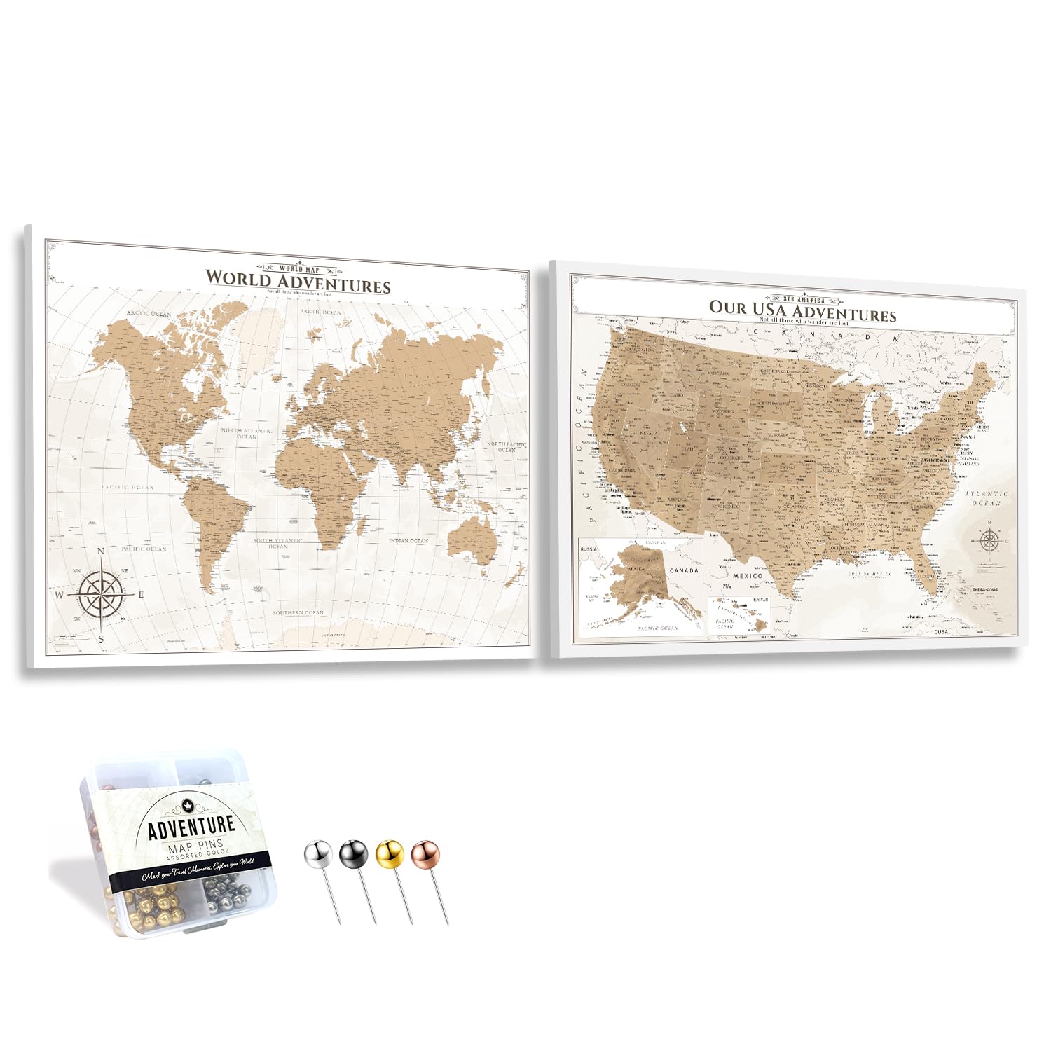 IPIC Vintage World Map Pin Board and USA Map, Set of 2, Size 40x30 in