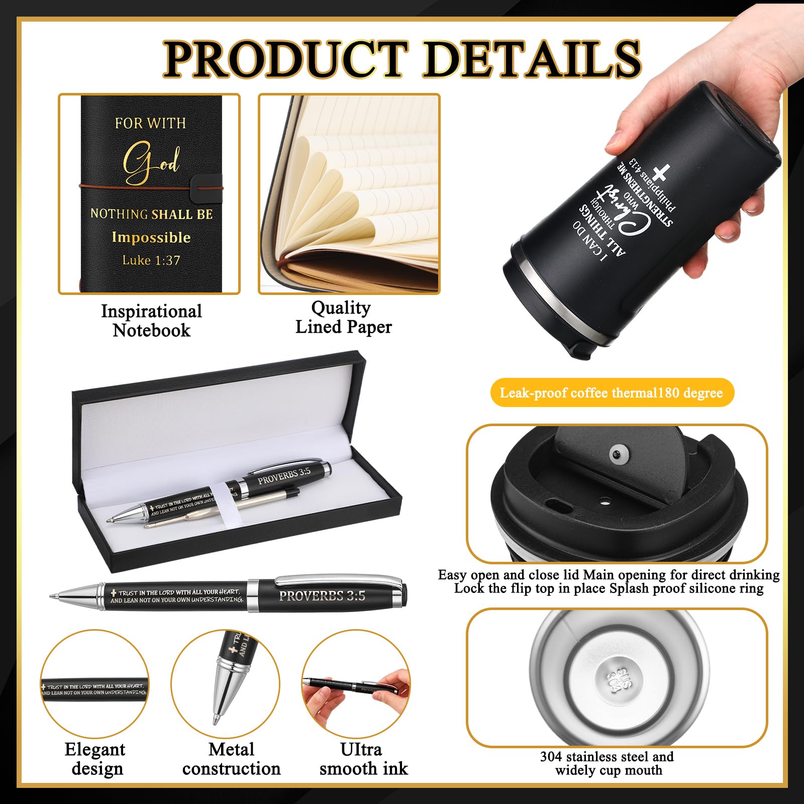 6 Pcs Father's Day Christian Gift Set for Men Inspirational Religious Faith Gift with 17oz Tumbler Notebook Bookmark Pen and Greeting Card for Father Dad Husband Grandpa Friends(Black)