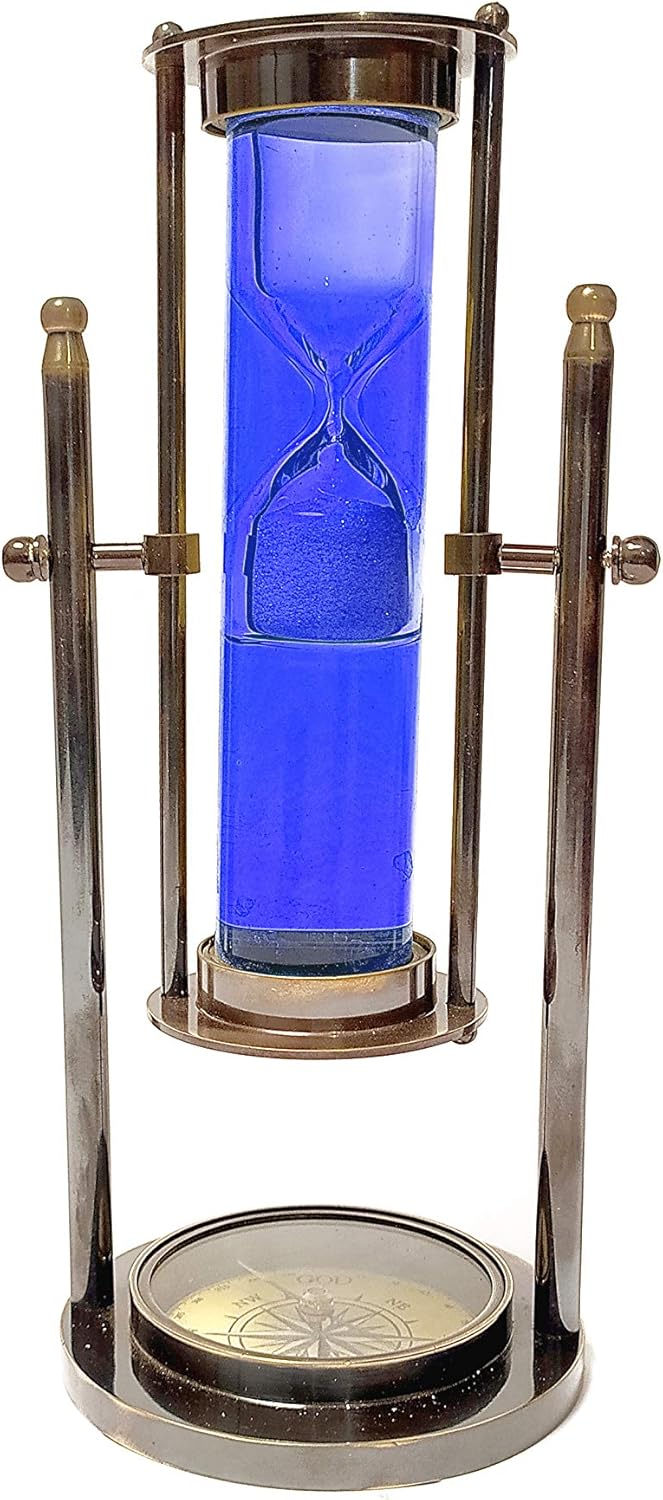 8.66 Inch Colourful Water Filled Tube Floating Sand Clock Timer Hourglass with Compass - Handmade Rustic Decor Antique Brass Enclosed (Blue)