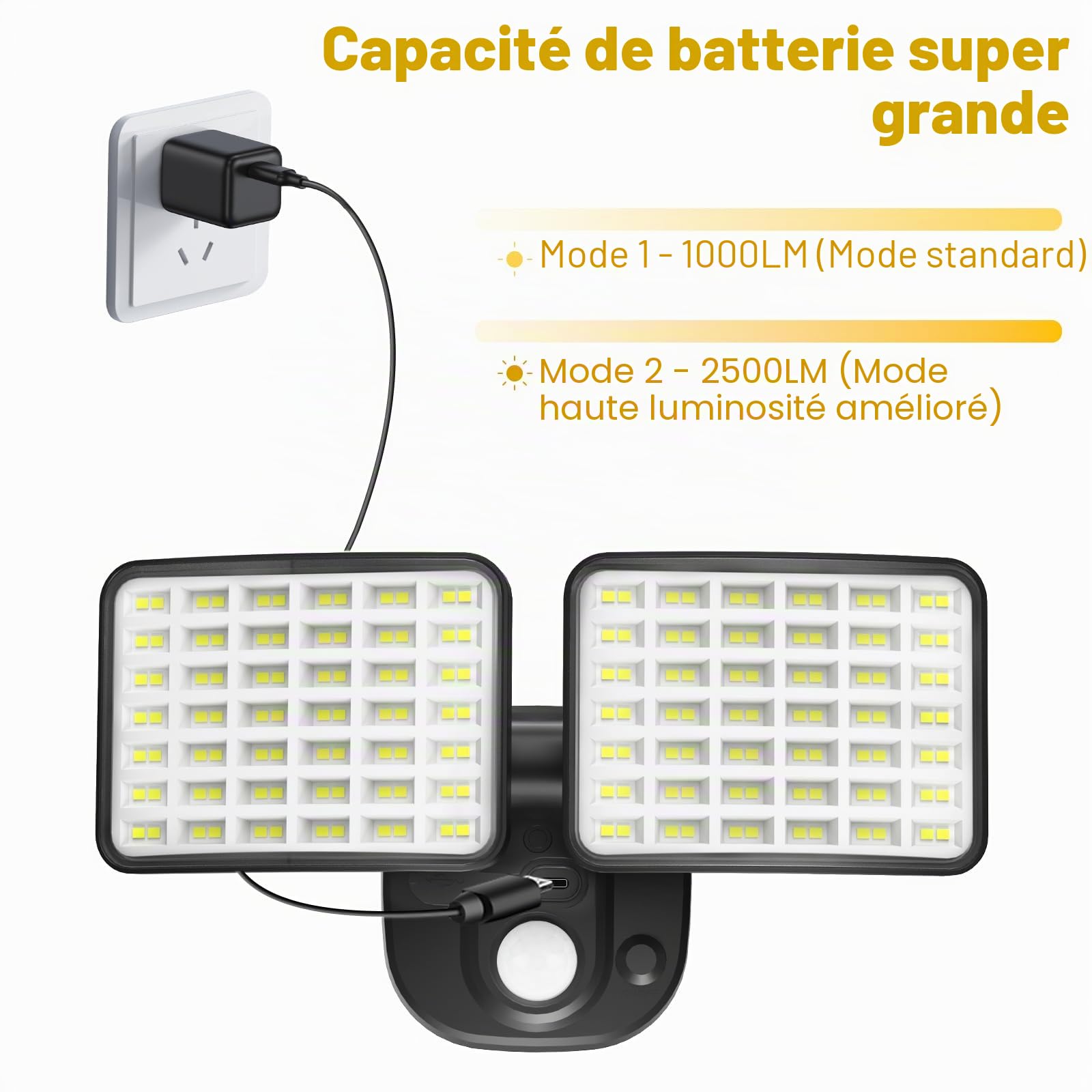 Lampes de sécurité extérieures alimentées par piles rechargeables avec détecteur de mouvement, chargement USB, autonomie de 1 à 3 mois, lumières à détecteur de mouvement pour garage, cour