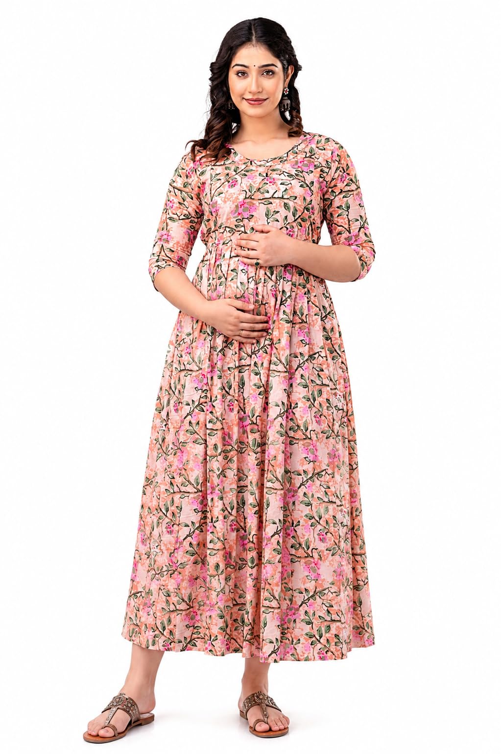 Women's Zipless Maternity Feeding Dress | Printed Anarkali Nursing Dress | Extra Pleats for Pre & Post Pregnancy | Round Neck 3/4 Sleeve | Soft & Comfortable Peach-image-40