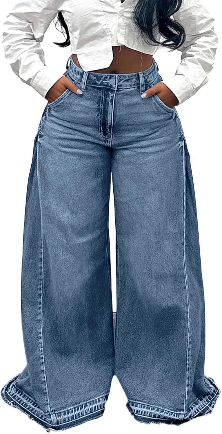 LAJIOJIO Women's Baggy Jeans Wide Leg High Waisted Trousers Casual Boyfriend Loose Denim Pants with Pockets Holiday Outfit