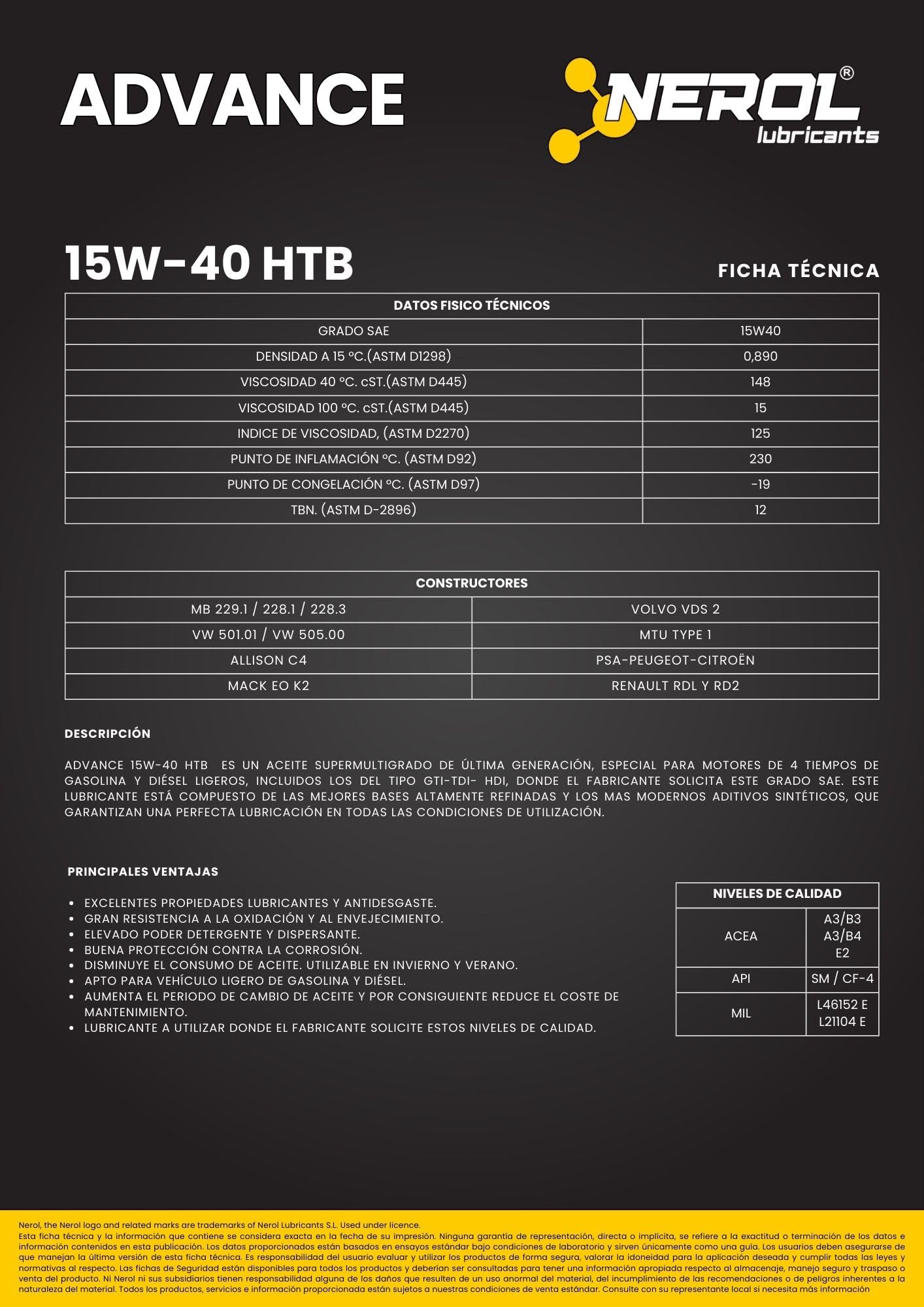 NEROL Aceite de Motor Sintético Para Coche 4T Advance - HTB 15W-40 Acea A3 / B3 - A3 / B4 - E2, Api SM - CF-4, 5 Litros Lubricante Vehículos (5 LITROS)